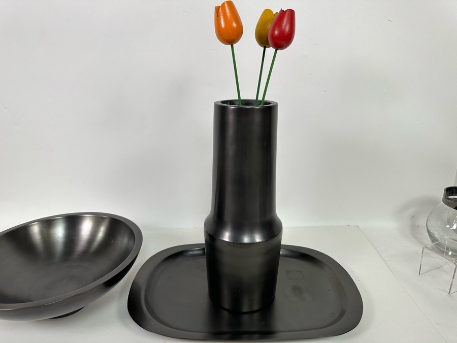 Black Metal Footed Bowl 13R, Platter 18W And Vase 15H With Wooden Flowers [Photo 7]