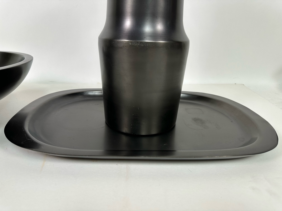 Black Metal Footed Bowl 13R, Platter 18W And Vase 15H With Wooden Flowers [Photo 6]