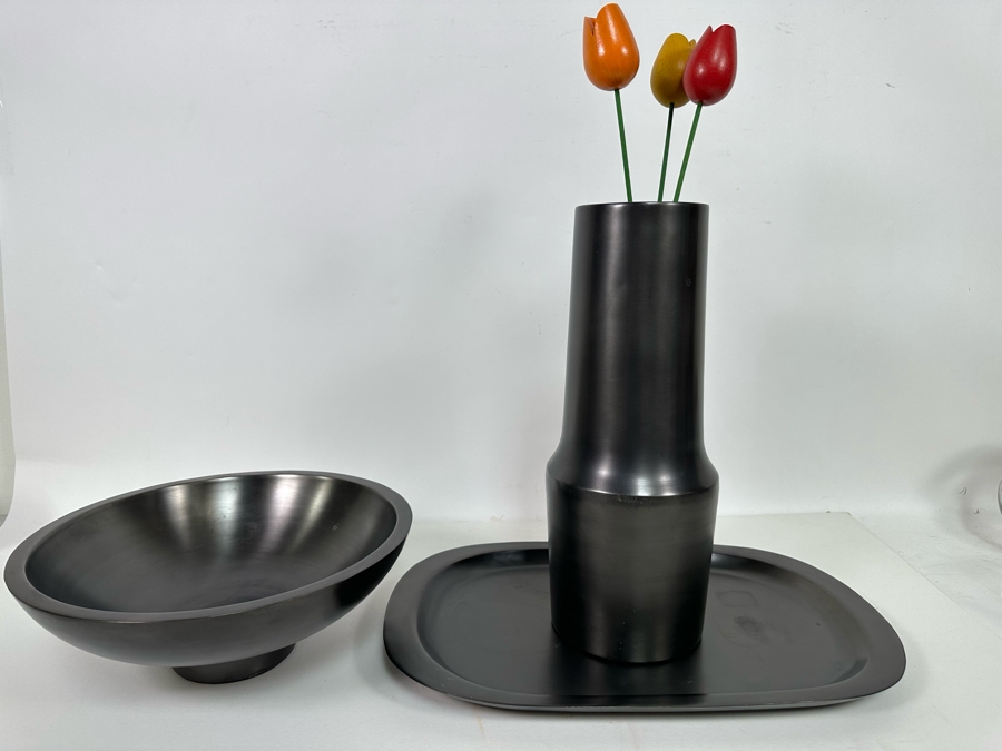 Black Metal Footed Bowl 13R, Platter 18W And Vase 15H With Wooden Flowers [Photo 2]