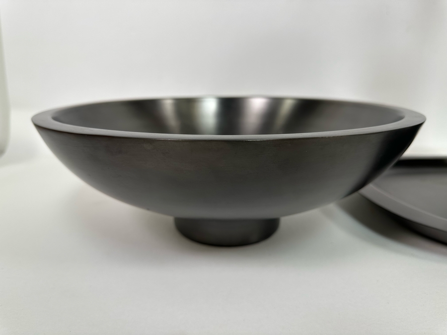 Black Metal Footed Bowl 13R, Platter 18W And Vase 15H With Wooden Flowers [Photo 4]