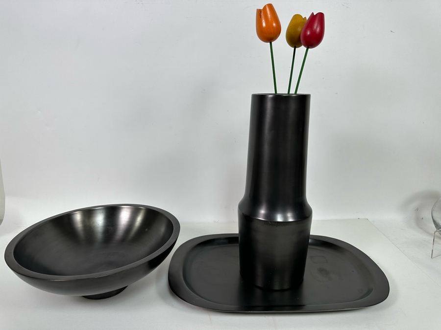 Black Metal Footed Bowl 13R, Platter 18W And Vase 15H With Wooden Flowers [Photo 3]