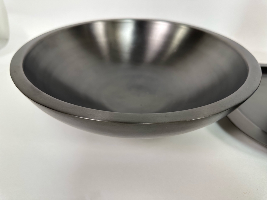 Black Metal Footed Bowl 13R, Platter 18W And Vase 15H With Wooden Flowers [Photo 5]