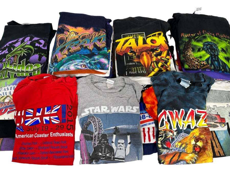 44 Roller Coaster / Theme Park T-Shirts Size L-XL - See Photos