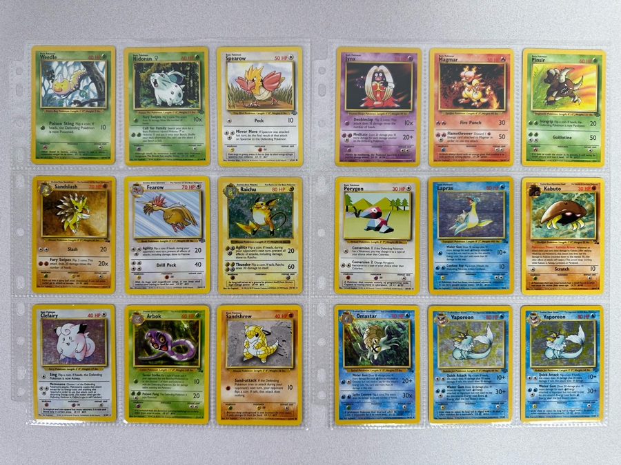 1999 'Unlimited' Third Print Run Pokemon Cards - 18 Cards Stored In Protective Sleeves Ready For Grading - Nine Holographic Cards