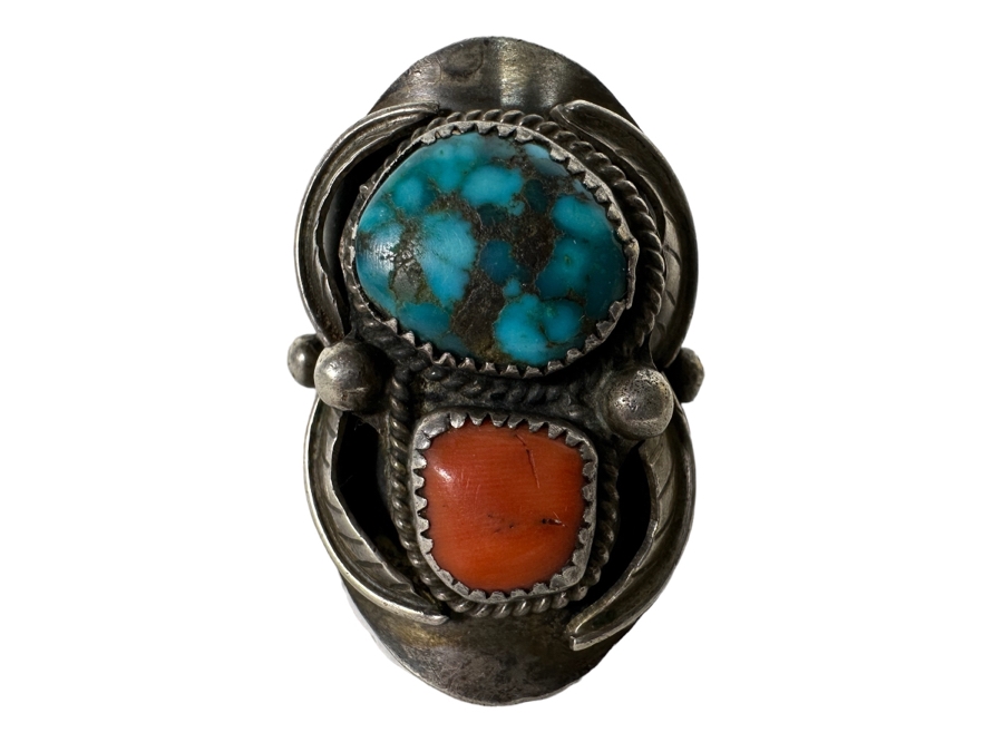 Huge Vintage Sterling Silver Turquoise Red Coral Ring Size 16+ 27.1g