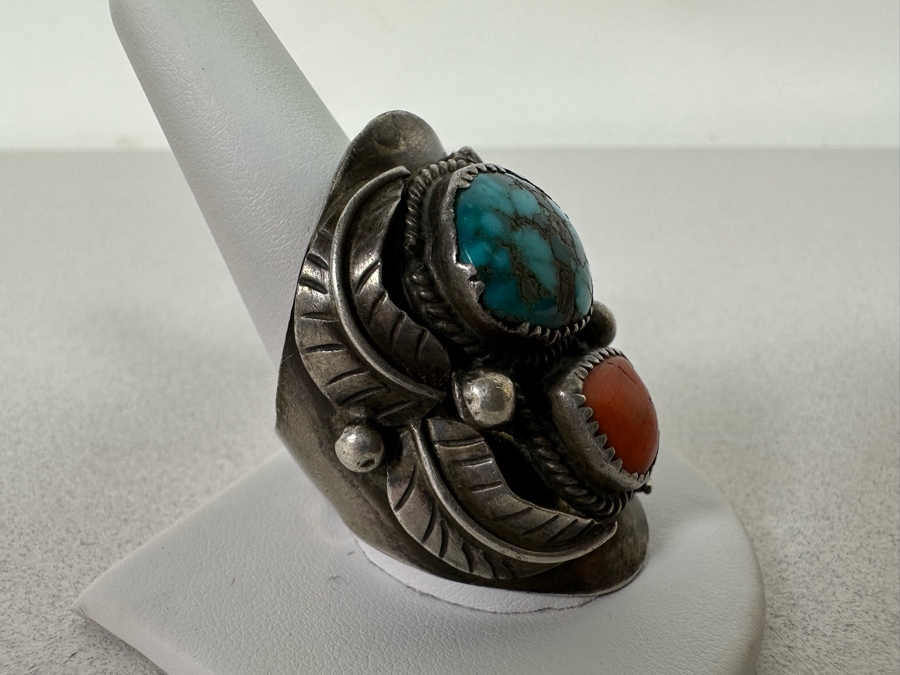 Huge Vintage Sterling Silver Turquoise Red Coral Ring Size 16+ 27.1g [Photo 5]