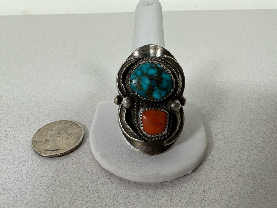 Huge Vintage Sterling Silver Turquoise Red Coral Ring Size 16+ 27.1g [Photo 4]