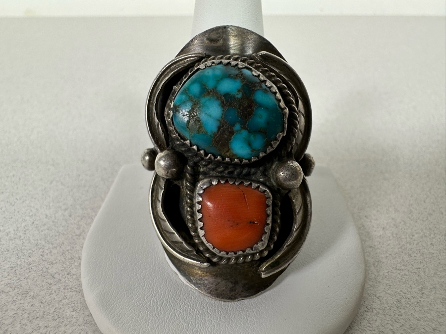 Huge Vintage Sterling Silver Turquoise Red Coral Ring Size 16+ 27.1g [Photo 3]