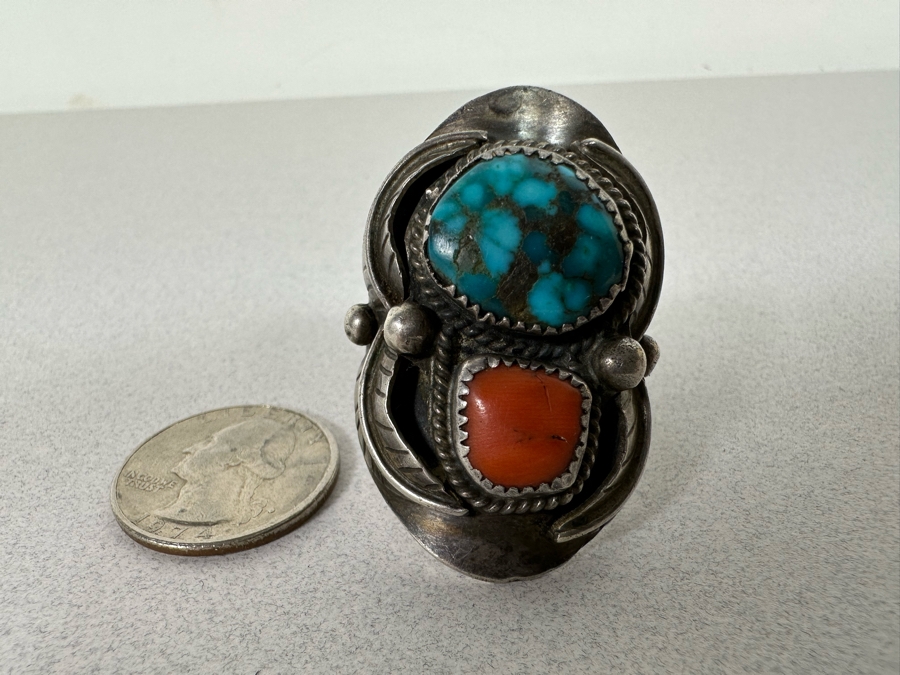 Huge Vintage Sterling Silver Turquoise Red Coral Ring Size 16+ 27.1g [Photo 8]