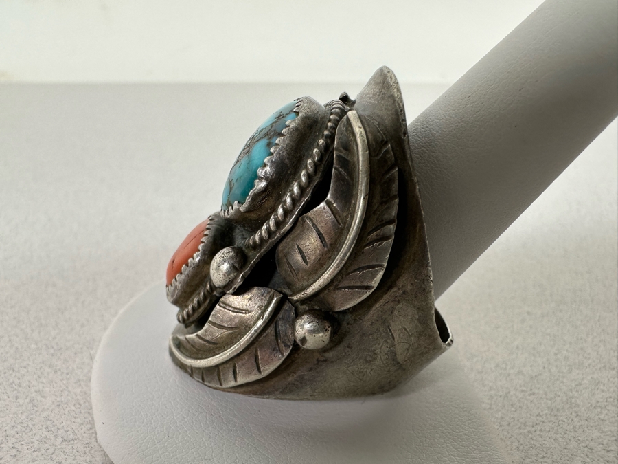 Huge Vintage Sterling Silver Turquoise Red Coral Ring Size 16+ 27.1g [Photo 6]