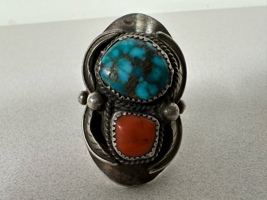 Huge Vintage Sterling Silver Turquoise Red Coral Ring Size 16+ 27.1g [Photo 7]