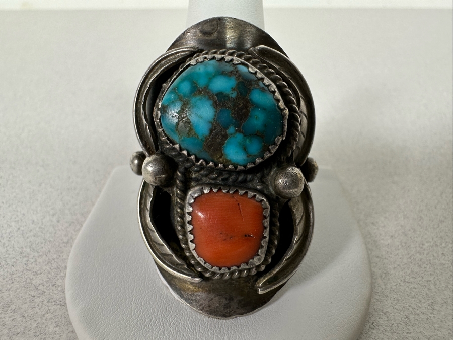 Huge Vintage Sterling Silver Turquoise Red Coral Ring Size 16+ 27.1g [Photo 2]