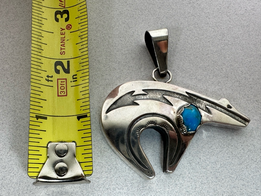 Vintage Sterling Silver Turquoise Native American Bear Pendant 2.5 X 2.5 23.6g [Photo 8]