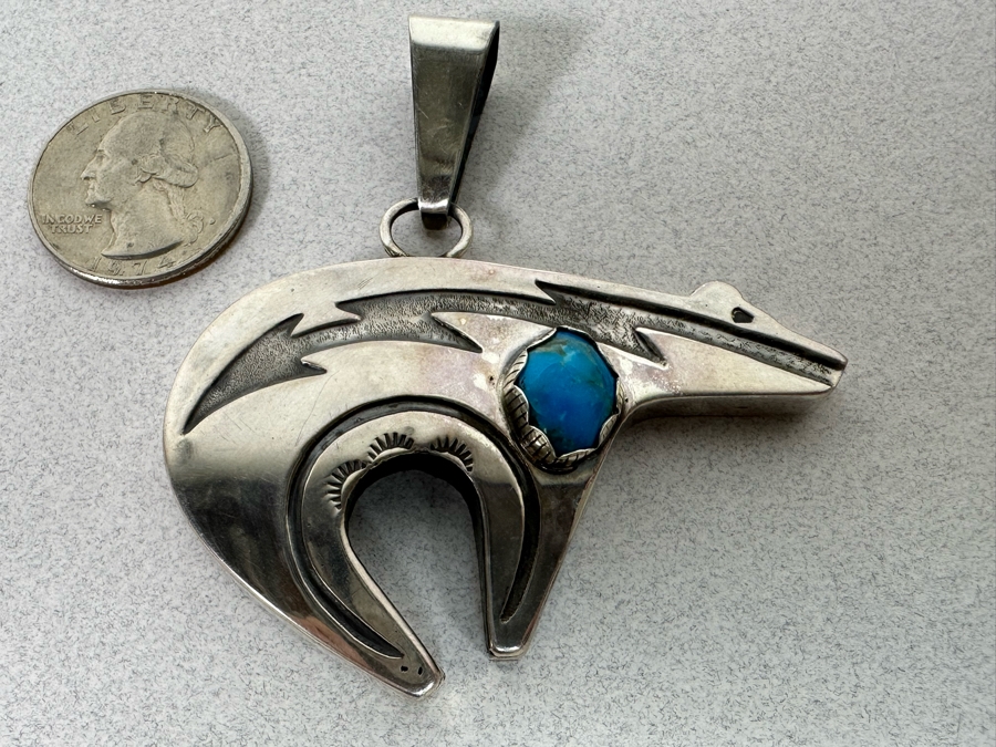 Vintage Sterling Silver Turquoise Native American Bear Pendant 2.5 X 2.5 23.6g [Photo 3]