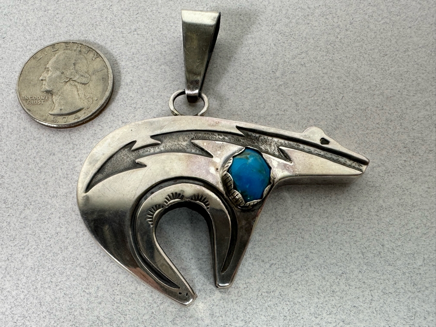 Vintage Sterling Silver Turquoise Native American Bear Pendant 2.5 X 2.5 23.6g [Photo 2]