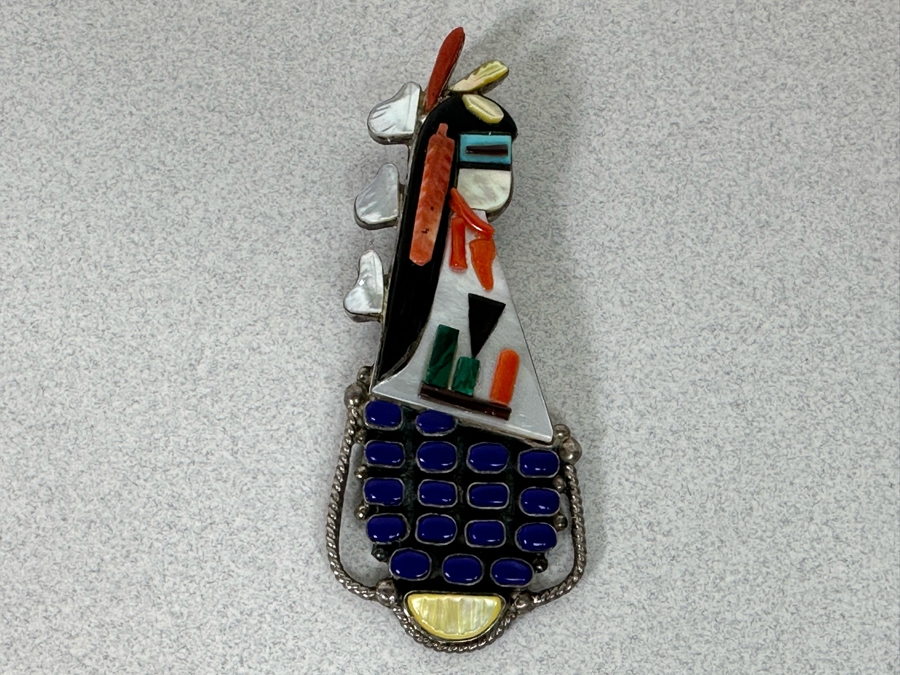 Incredible Signed Native American Sterling Silver With Stones Pendant 2.75L 14.5g [Photo 4]