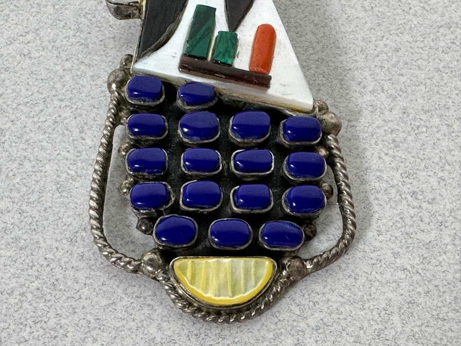 Incredible Signed Native American Sterling Silver With Stones Pendant 2.75L 14.5g [Photo 7]