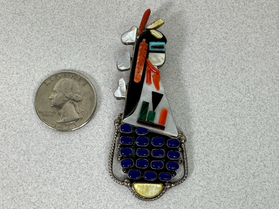 Incredible Signed Native American Sterling Silver With Stones Pendant 2.75L 14.5g [Photo 3]