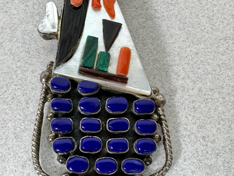 Incredible Signed Native American Sterling Silver With Stones Pendant 2.75L 14.5g [Photo 6]