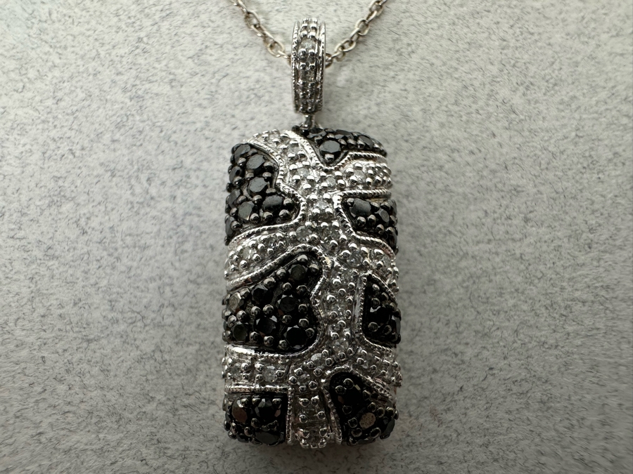 14K Gold Black And White Diamond Pendant Signed (4.5g Pendant Gold Weight) With 18' Sterling Silver Necklace [Photo 4]