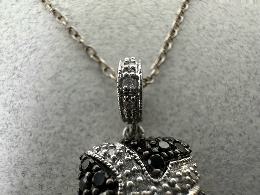 14K Gold Black And White Diamond Pendant Signed (4.5g Pendant Gold Weight) With 18' Sterling Silver Necklace [Photo 7]