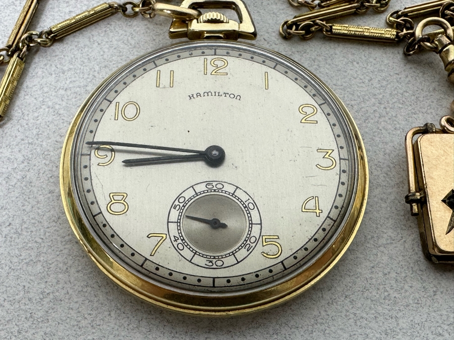 Hamilton Pocket Watch 17 Jewels With Masonic Watch Fob With Locket And Chain Runs [Photo 6]