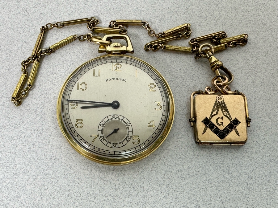 Hamilton Pocket Watch 17 Jewels With Masonic Watch Fob With Locket And Chain Runs [Photo 2]