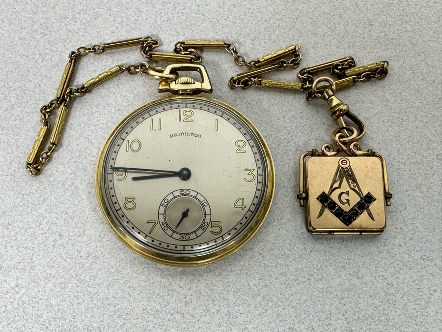 Hamilton Pocket Watch 17 Jewels With Masonic Watch Fob With Locket And Chain Runs [Photo 3]