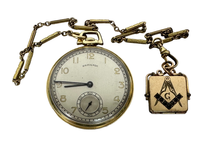 Hamilton Pocket Watch 17 Jewels With Masonic Watch Fob With Locket And Chain Runs