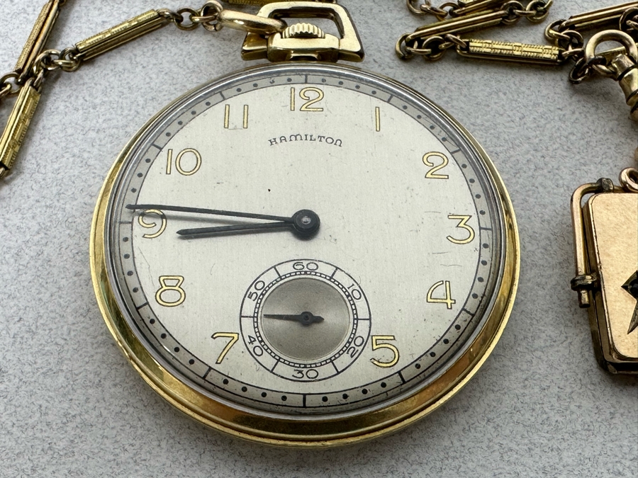Hamilton Pocket Watch 17 Jewels With Masonic Watch Fob With Locket And Chain Runs [Photo 5]