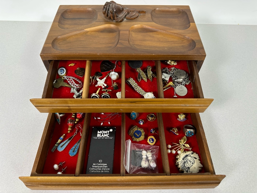 Vintage Wooden Jewelry Box With Assorted Jewelry 11.5W X 7D X 5H - See Photos [Photo 3]