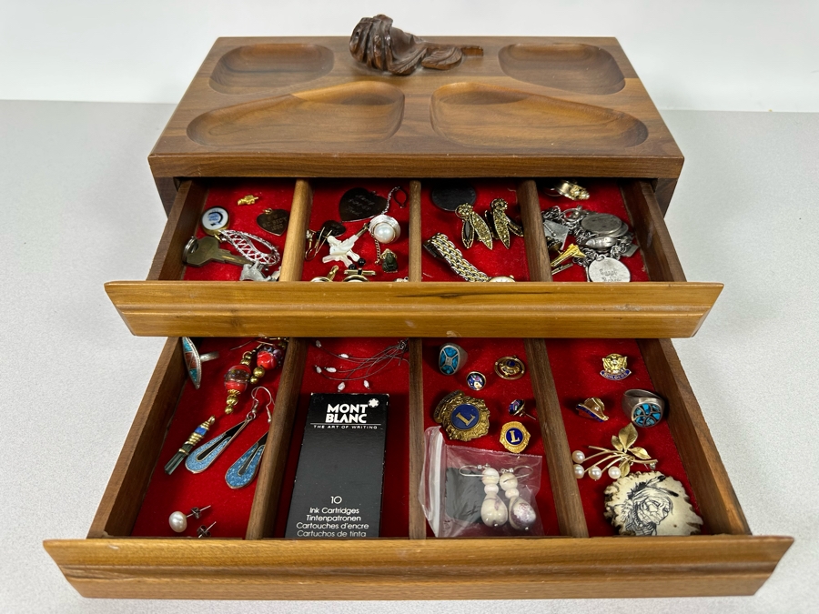 Vintage Wooden Jewelry Box With Assorted Jewelry 11.5W X 7D X 5H - See Photos [Photo 2]