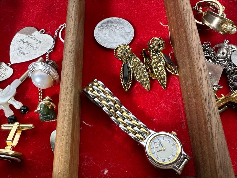 Vintage Wooden Jewelry Box With Assorted Jewelry 11.5W X 7D X 5H - See Photos [Photo 14]