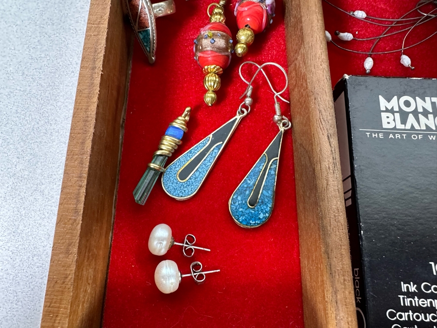 Vintage Wooden Jewelry Box With Assorted Jewelry 11.5W X 7D X 5H - See Photos [Photo 12]