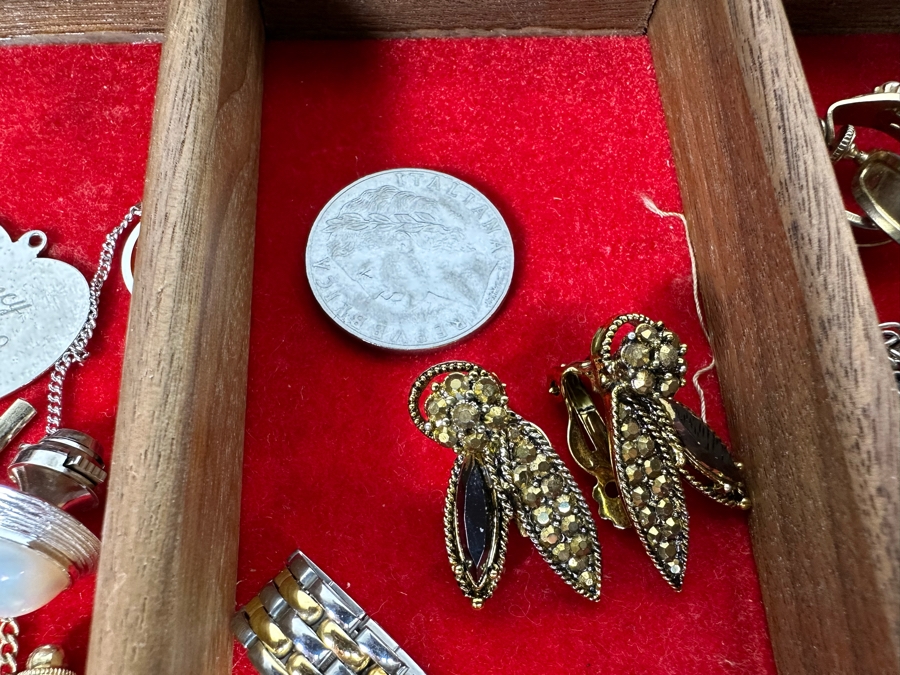 Vintage Wooden Jewelry Box With Assorted Jewelry 11.5W X 7D X 5H - See Photos [Photo 15]