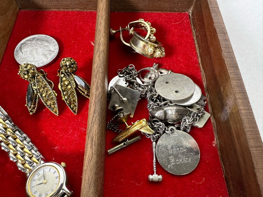 Vintage Wooden Jewelry Box With Assorted Jewelry 11.5W X 7D X 5H - See Photos [Photo 13]