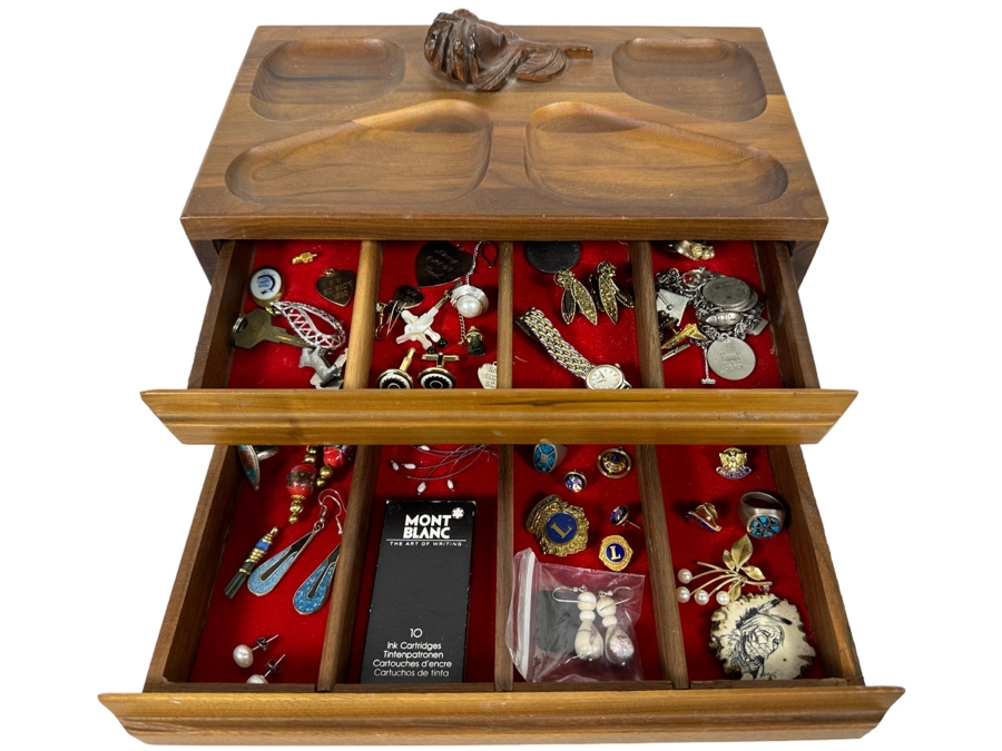 Vintage Wooden Jewelry Box With Assorted Jewelry 11.5W X 7D X 5H - See Photos [Photo 1]