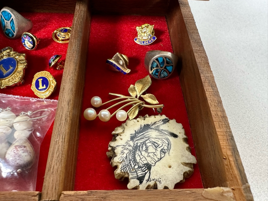Vintage Wooden Jewelry Box With Assorted Jewelry 11.5W X 7D X 5H - See Photos [Photo 6]