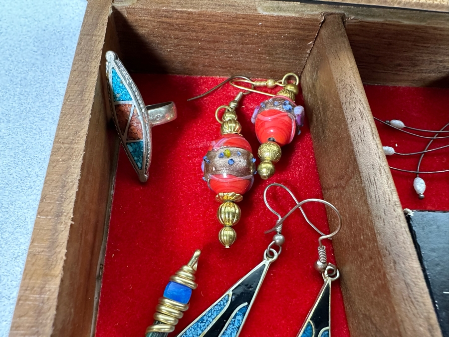 Vintage Wooden Jewelry Box With Assorted Jewelry 11.5W X 7D X 5H - See Photos [Photo 11]