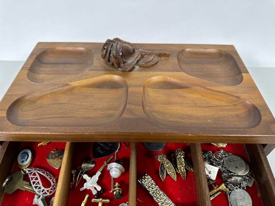 Vintage Wooden Jewelry Box With Assorted Jewelry 11.5W X 7D X 5H - See Photos [Photo 4]