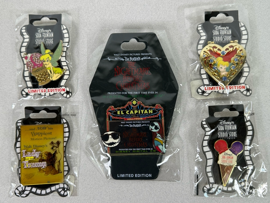 Collection Of Vintage Disneyland Trading Pins New On Cards - Three Limited Edition Pins The Nightmare Before Christmas Disney's Soda Fountain And Studio Store [Photo 1]