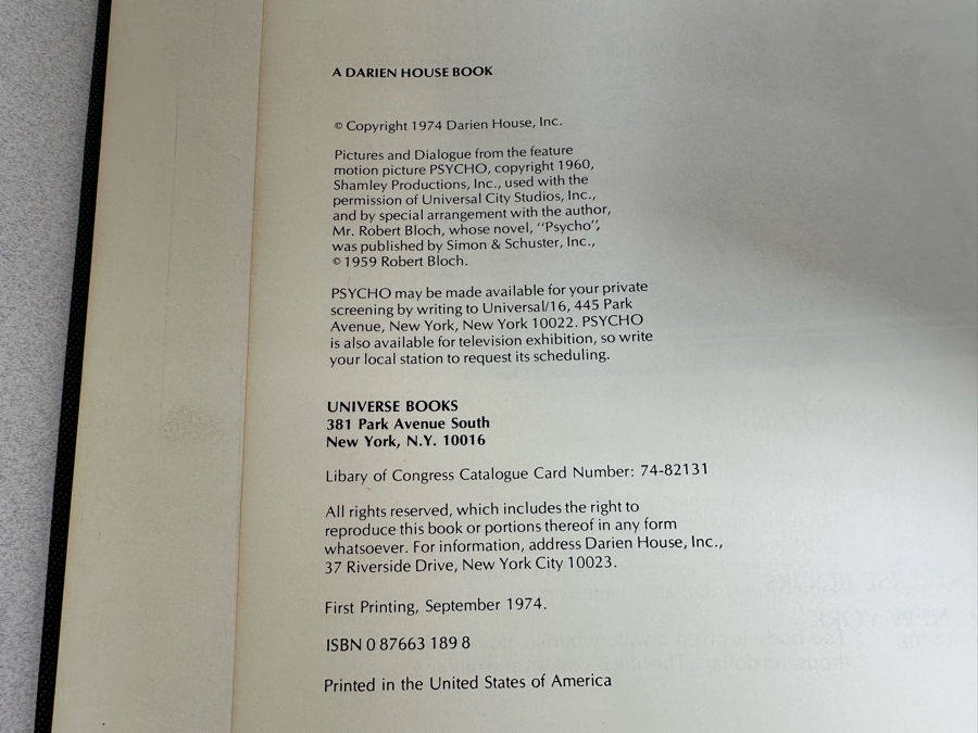 Vintage 1974 First Printing Hardcover Book Alfred Hitchcock's Psycho Universe Books [Photo 4]