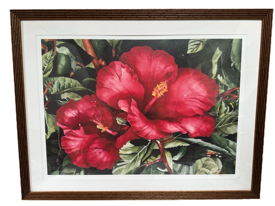 Hand Signed Limited Edition Red Hibiscus Flower Print By Peter C. Bailey 41.5 X 30 In Nice Wooden Bamboo Motif Frame 51.5 X 39.5 [Photo 1]