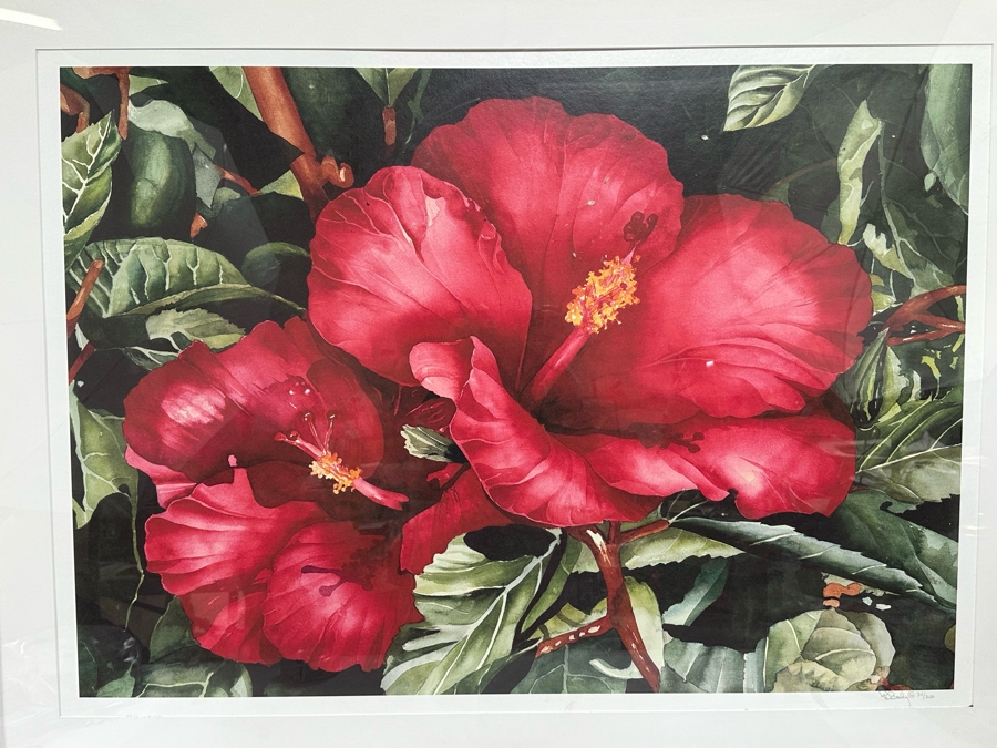 Hand Signed Limited Edition Red Hibiscus Flower Print By Peter C. Bailey 41.5 X 30 In Nice Wooden Bamboo Motif Frame 51.5 X 39.5 [Photo 2]