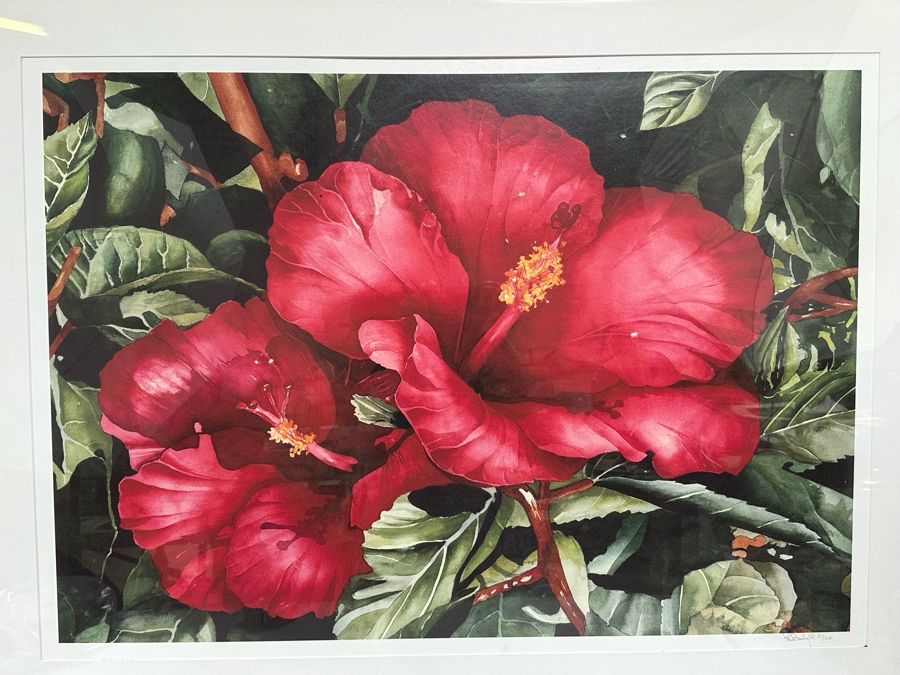 Hand Signed Limited Edition Red Hibiscus Flower Print By Peter C. Bailey 41.5 X 30 In Nice Wooden Bamboo Motif Frame 51.5 X 39.5 [Photo 3]