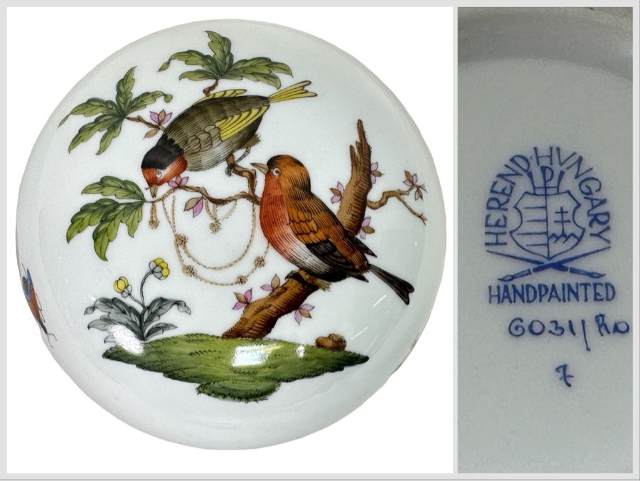 Hand Painted Herend Hungary Covered Round Box With Rothschild Bird Decoration 4.5W X 3H [Photo 1]
