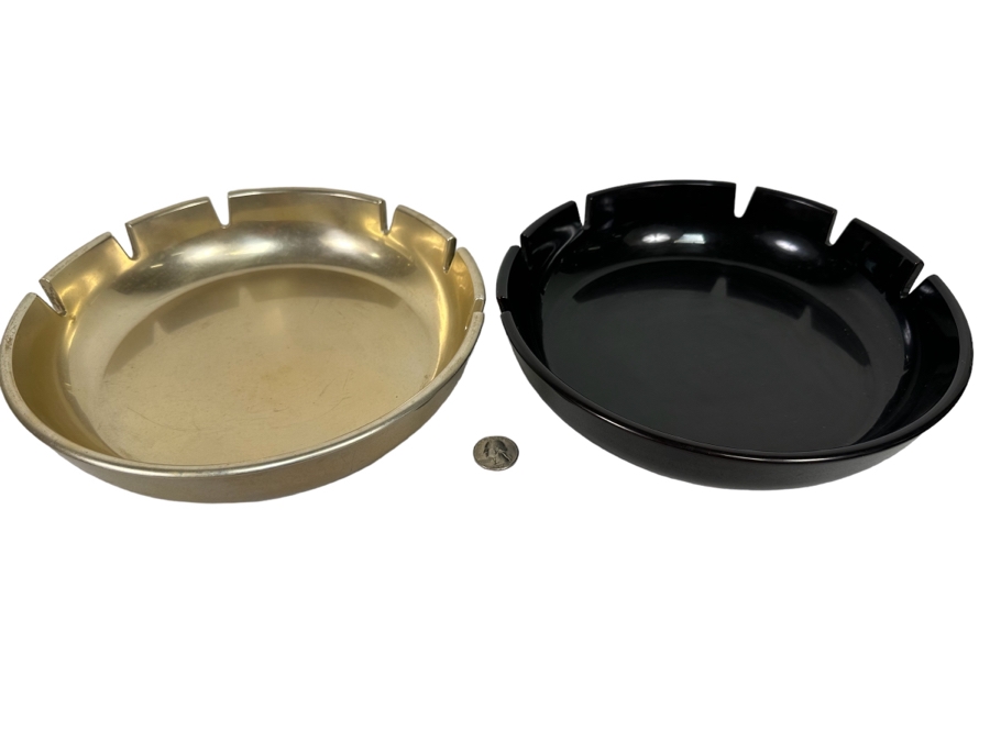 Pair Of Mid-Century Large Metal Ashtrays In Gold & Black 9.5R X 2H [Photo 2]