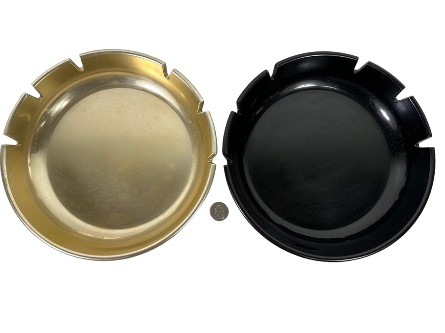 Pair Of Mid-Century Large Metal Ashtrays In Gold & Black 9.5R X 2H