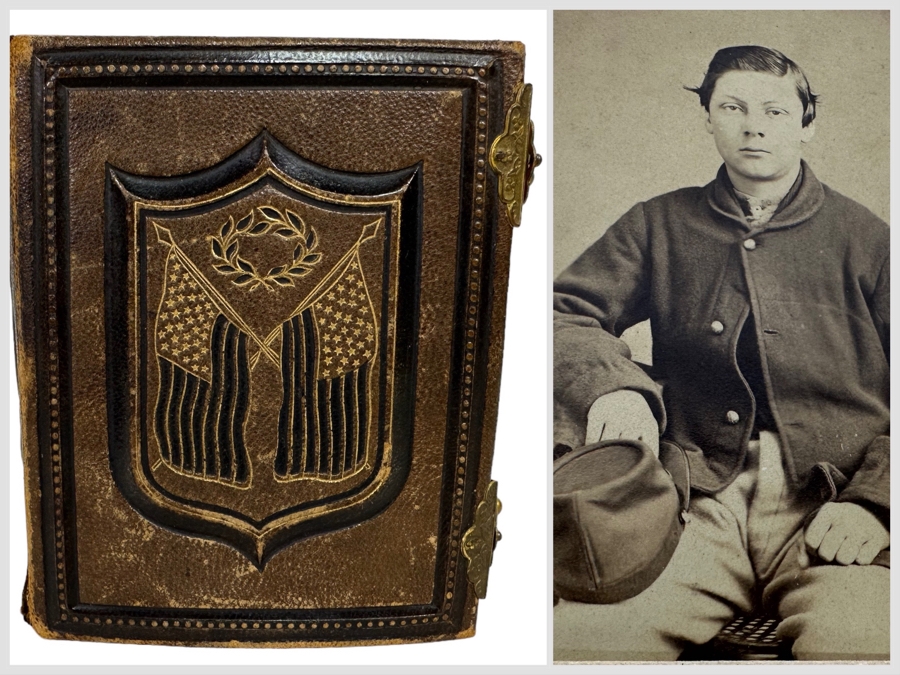 Antique Civil War Era Leather Photo Album With Photos 5W X 6H X 2.5D