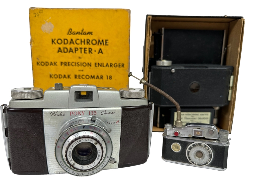 Vintage Kodak Pony 135 Film Camera, Bantam Kodachrome Adapter A For Kodak Precision Enlarger And Vintage Camera Style Lighter